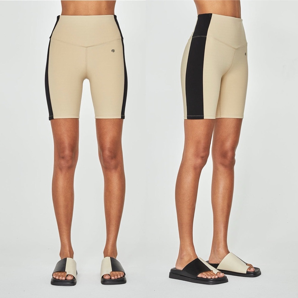 Anine Bing Sport Blake High Waisted Biker Shorts Activewear Athleisure Tan Black - Picture 2 of 11